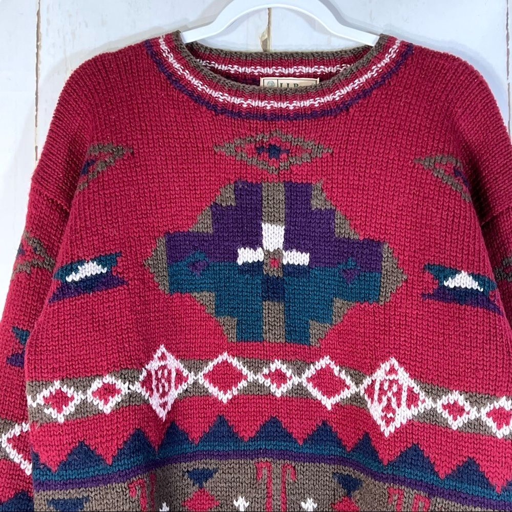L.L. Bean Vintage 80's 100% Wool Aztec Western Crewneck Sweater Chunky Knit - Picture 4 of 8